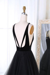 chic black tulle long A-line formal prom dress 2019,HO122