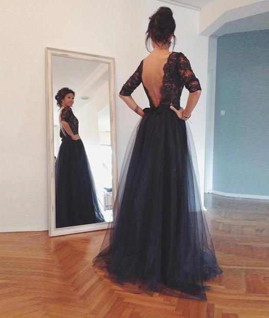 Black Lace Tulle Backless Long Prom Dresses, Evening Dresses,PD4558972