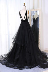 chic black tulle long A-line formal prom dress 2019,HO122