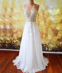 White A-Line Lace Long Prom Dresses, Evening Dresses,PD4558979