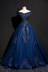 vintage blue appliques A-line long ball gown,HO115