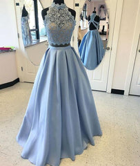 Blue Two Pieces Lace Long Prom Dresses, Blue Lace Evening Dresses,PD4558973