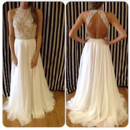 A-line prom dress, backless prom dress,long prom dress, white prom dress,charming evening gown,BD915