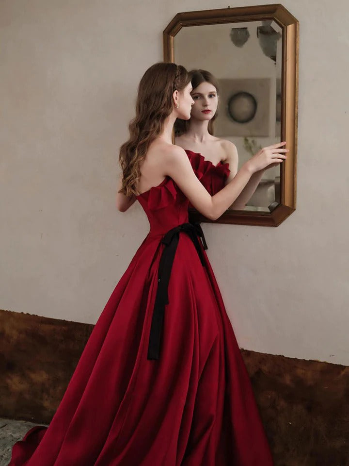 Burgundy satin long prom dress, burgundy satin evening dress,BD22263