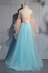 Blue Tulle Lace Long Prom Dress, Blue Tulle Evening Dress,BH91163