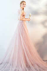 light pink cap sleeves tulle long prom dress,HO161