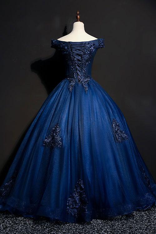 vintage blue appliques A-line long ball gown,HO115