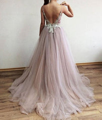 V Neck Beads Tulle Long Long Prom Dresses, Evening Dresses,PD4558956