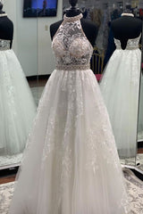 halter light grey tulle with lace appliques long formal prom dress,HO151