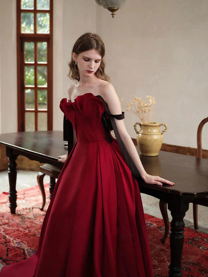 Burgundy satin long prom dress, burgundy satin evening dress,BD22263