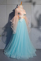 Blue Tulle Lace Long Prom Dress, Blue Tulle Evening Dress,BH91163