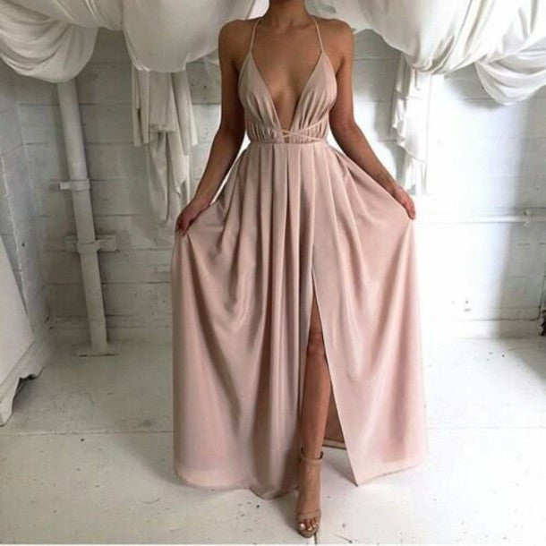 Dusty Pink Prom Dress,Sexy prom dress,V neck prom dress,Long prom dress,slit evening dress,BD386