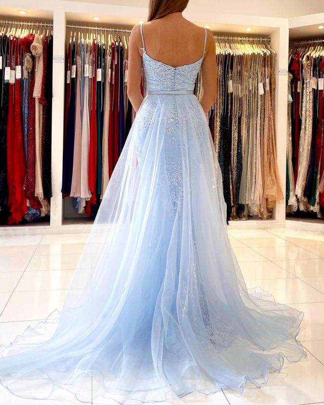 Spaghetti-Straps Lace Mermaid Long Evening Prom Dress Sky Blue,BD22196