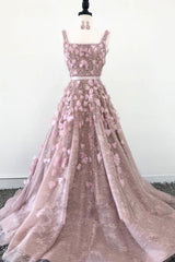 Gorgeous Pink 3 D Flower Appliques Lace Long A line Prom Dress,BP09