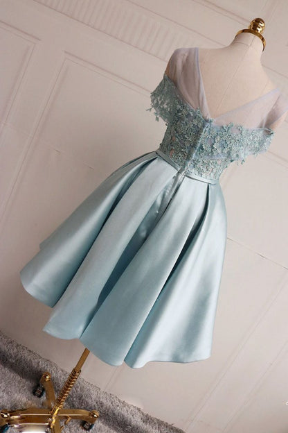 short dusty blue blue short sleeves simple cheap prom dress,HD687