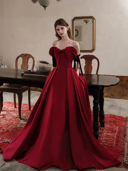 Burgundy satin long prom dress, burgundy satin evening dress,BD22263