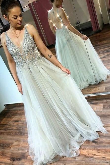 New Arrival A Line Gray V Neck Beaded Sleeveless Long Prom Dresses,BD22186