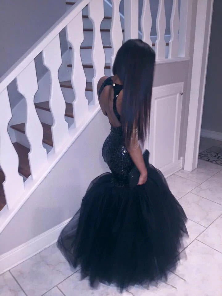 Mermaid Black Sleeveless Tulle Sequence Backless African American Long Prom Dresses,BD22182