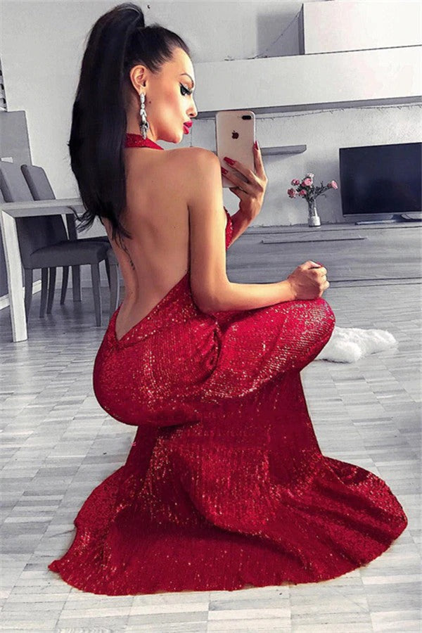 Sexy Red Sheath Halter Backless Sequence Long Prom Dresses,BD22181