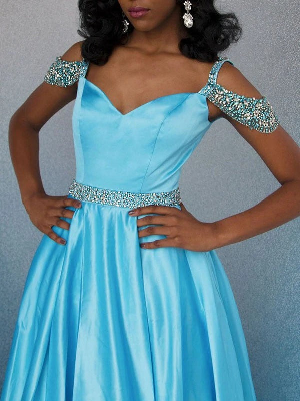 Cheap A Line Sweetheart Off Shoulder Blue Beaded Long Prom Dress,BD22177