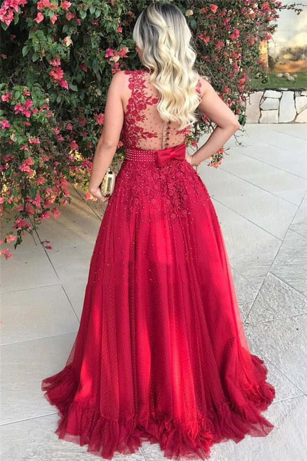 Cheap A Line Tulle Red Beaded Backless Bowknot Back V Neck Long Prom Dress BD22148