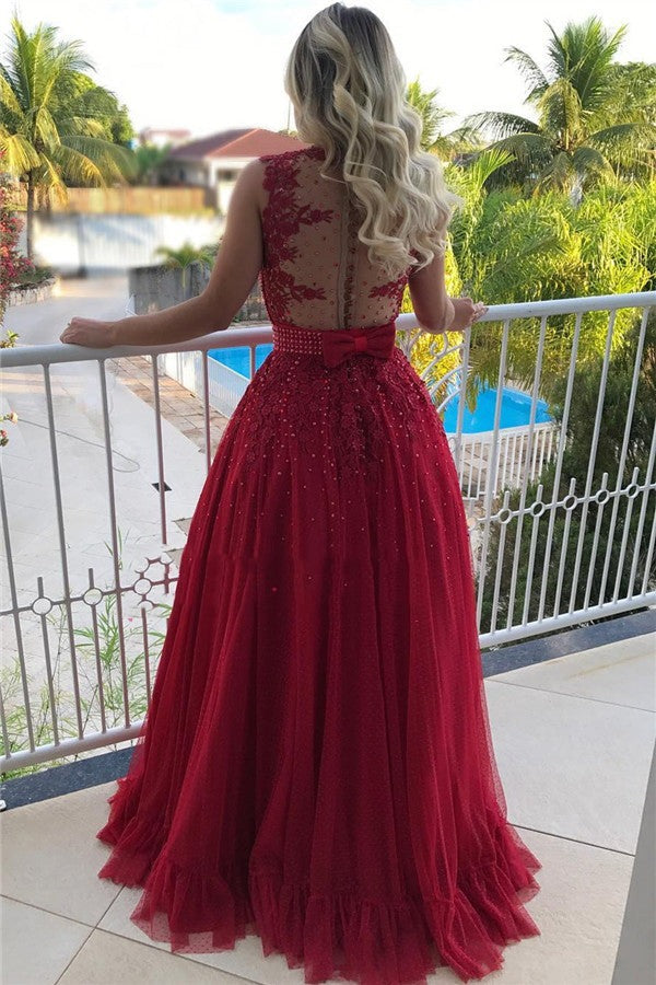 Cheap A Line Tulle Red Beaded Backless Bowknot Back V Neck Long Prom Dress BD22148