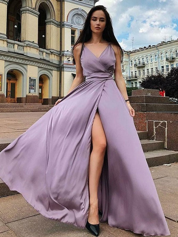 Charming A Line Side Slit Teal V Neck Elastic Satin Long Prom Dress BD22159