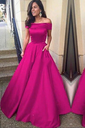 Cheap Fuchsia Off Shoulder Satin A Line Long Prom Dress BD22156