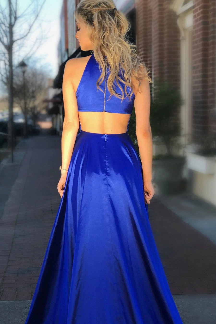 Elegant A Line Elastic Satin Royal Blue Side Slit Hollow Out Long Prom Dress BD22144