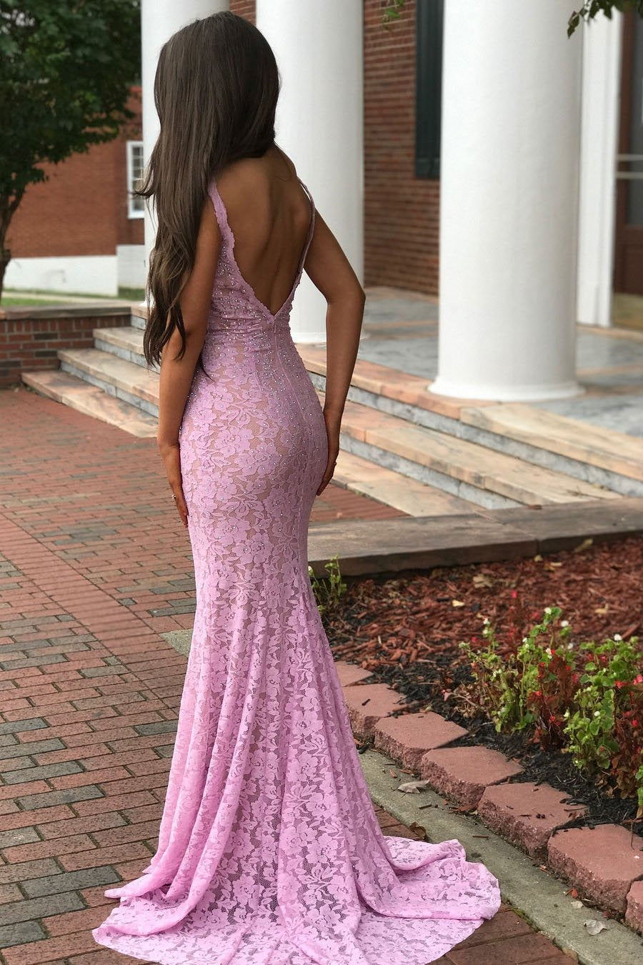 Amazing Sheath Sweetheart Pink Backless Lace Long Prom Dress BD22171