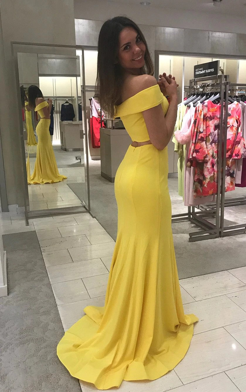 Sexy Mermaid Satin Yellow Off Shoulder Two Pieces Long Prom Dress BD22143