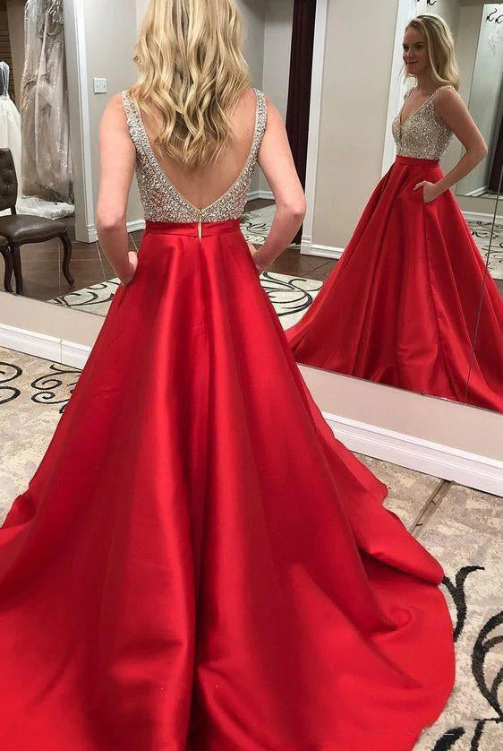 Elegant Satin A Line Sweetheart Beaded Red Backless Long Prom Dress BD22160