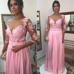 Modest Pink V Neck Long Sleeves Prom Dresses,Charming Formal Evening Dresses,PO30