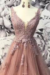 dusty pink a-line fluffy long prom dress chic v-neck ball gown,HO129