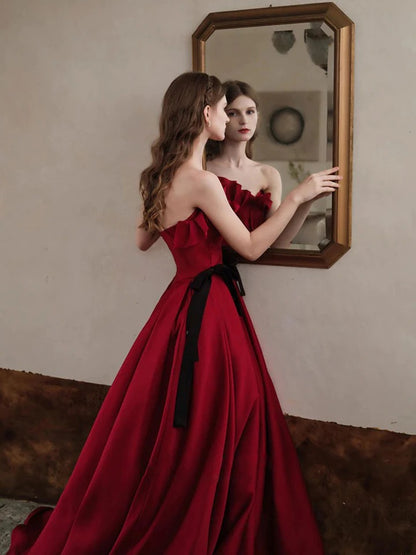 Burgundy satin long prom dress, burgundy satin evening dress,BD22263