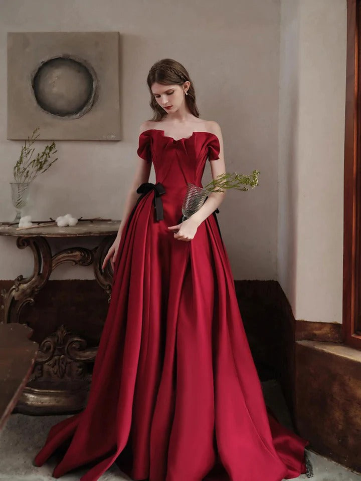 Burgundy satin long prom dress, burgundy satin evening dress,BD22263