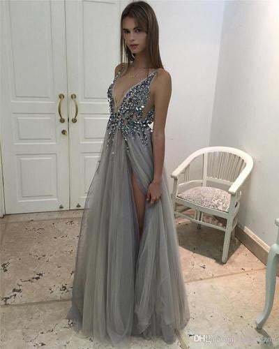 Deep V-neck Prom Dresses,Leg Slit Prom Dress,Sexy Prom Dresses,A-line Prom Dress,Cheap Prom Dresses,PD00142