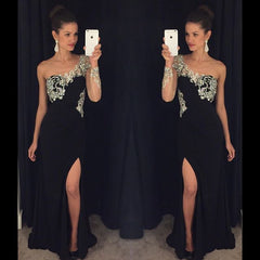 one shoulder prom dress,long Prom Dress,black prom dress,side slit prom dress,BD1369