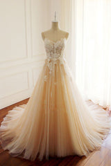 spaghetti straps champagne tulle lace appliques top sweetheart A-line long ball gown,HO116