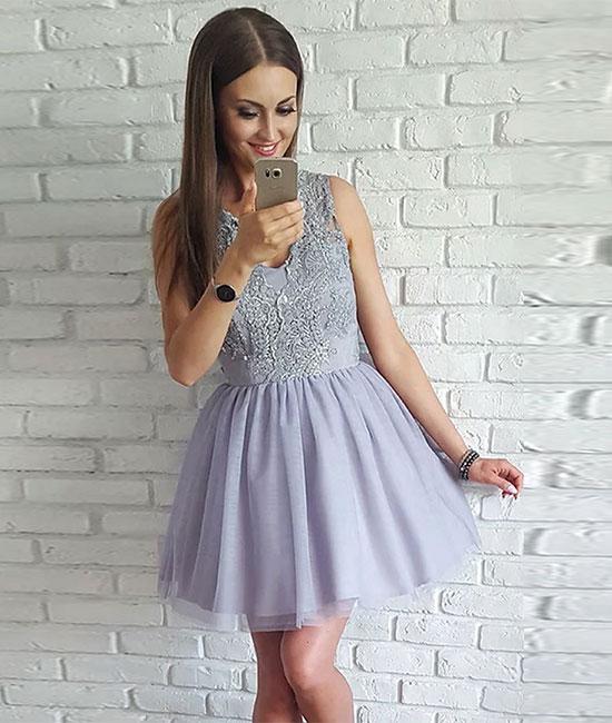 Gray V Neck Lace Tulle Short Prom Dresses, Homecoming Dresses,PD4558948