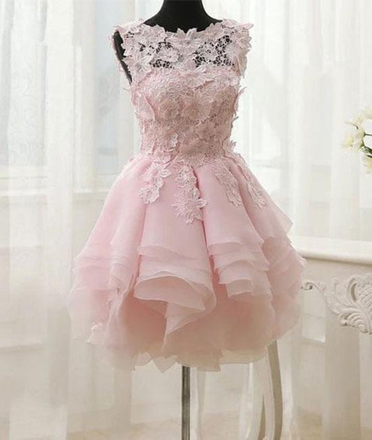 Pink Lace Short Prom Dresses. Pink Homecoming Dresses,PD4558949