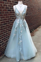 Spaghetti Straps  v neck Blue Long Prom Dress,BH91180