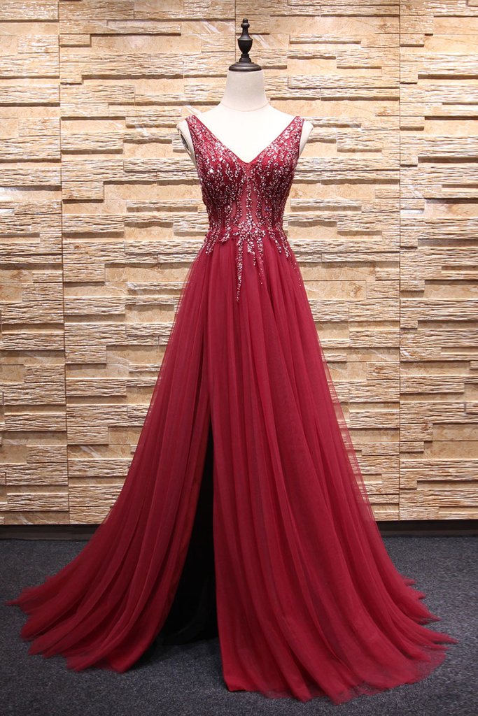 V neck beads tulle long prom dress, evening dress neck beads tulle long prom dress, burgundy evening dresses,PD4558914