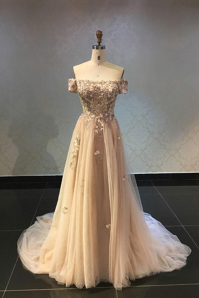 charming tulle with appliques champagne off shoulder long prom dress,HO110