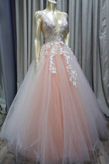 light pink tulle appliques v-neck long prom dress fluffy evening gown,HO118