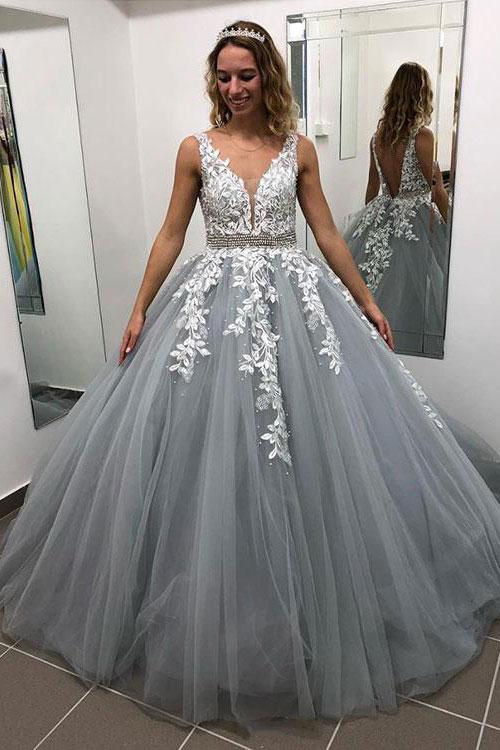 Gray tulle with lace appliques A-line long popular long prom dress,HO109