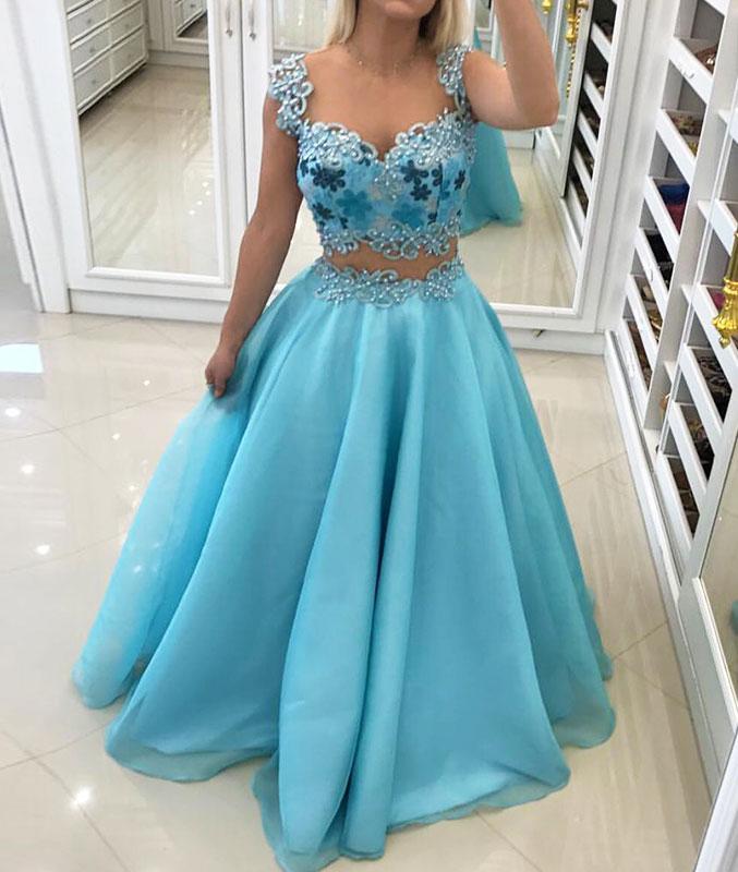 Blue Sweetheart Two Pieces Long Prom Dresses, Blue Prom Dresses,PD4558942