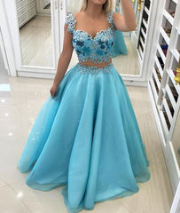 Blue Sweetheart Two Pieces Long Prom Dresses, Blue Prom Dresses,PD4558942