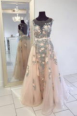 beauty formal champagne organza with floral appliques long prom dress,HO111