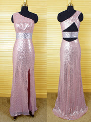 rose gold prom dress,long Prom Dress,sequin evening gown,one shoulder evening gown,side slit prom gown,BD1007